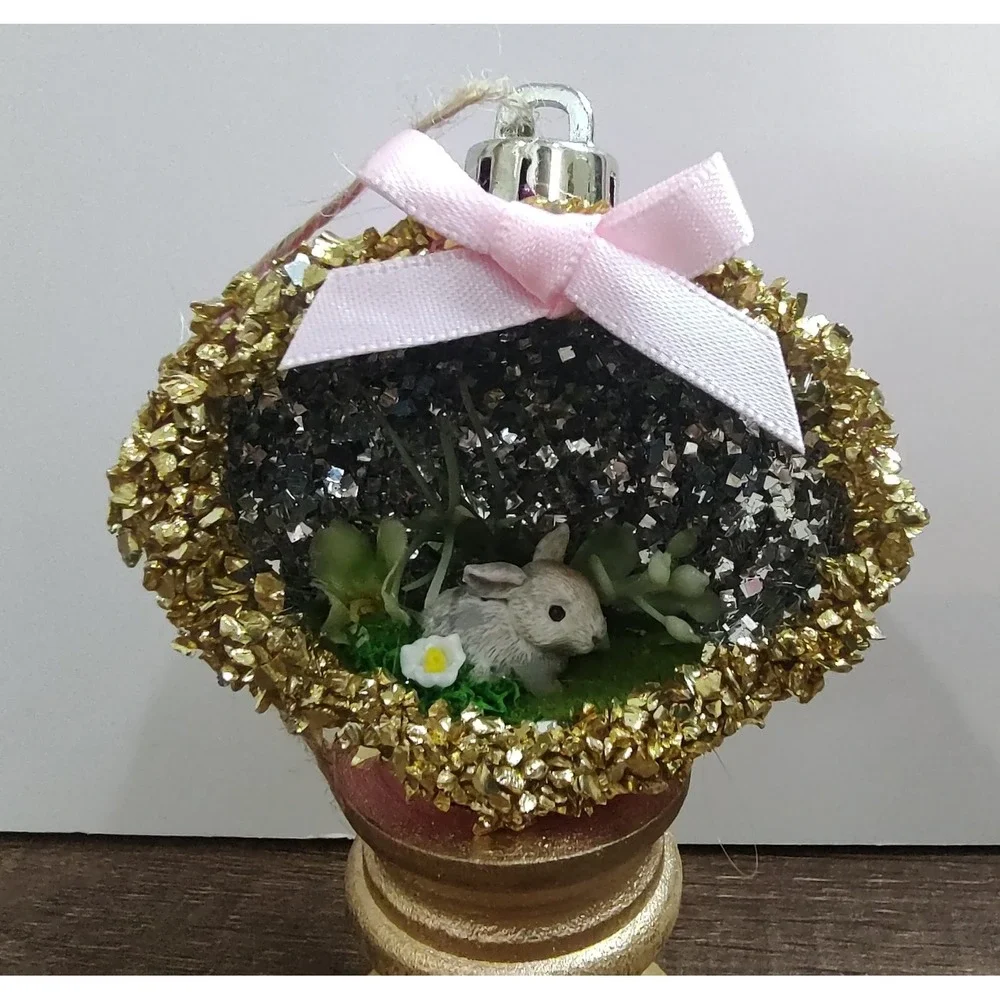 Bunny Rabbit Christmas Ornament Handmade Vtg Style OOAK Shatterproof Diorama